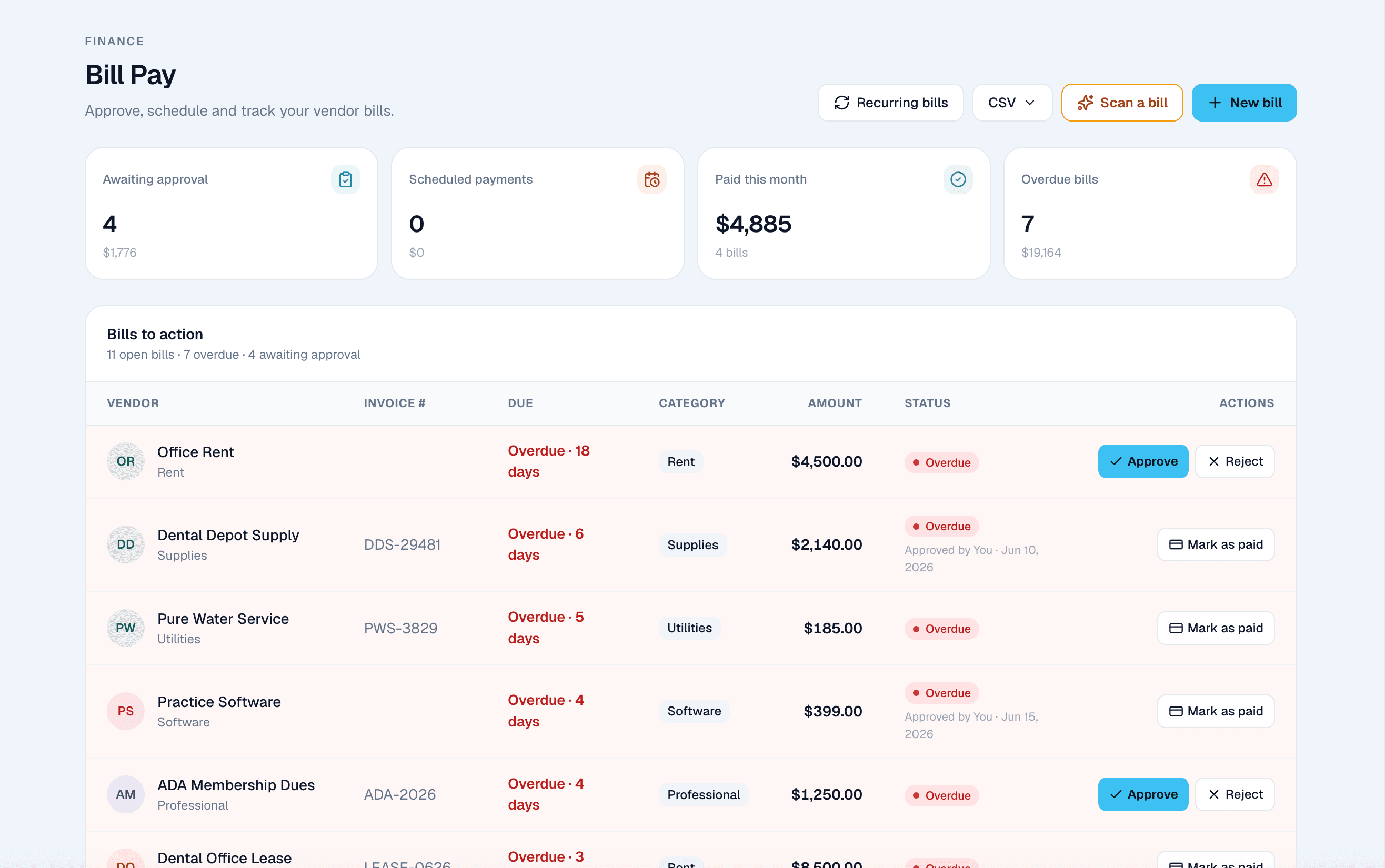 Bill Pay - vendor bills and approvals